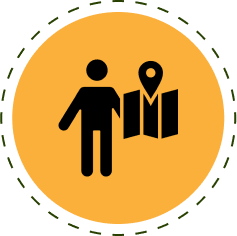 Icon of a person standing beside a map with a location pin, on an orange circular background.