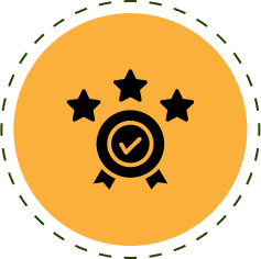 Black checkmark inside a ribbon circle, flanked by three black stars, on an orange circular background with a dashed outline.
