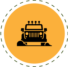 Icon of a Jeep-style vehicle in black silhouette, with roof lights, on a circular orange background with a dashed border.